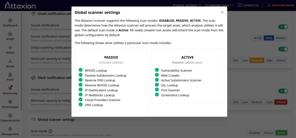Attaxion global scanner settings showing which utilities are included in passive versus active scan modes