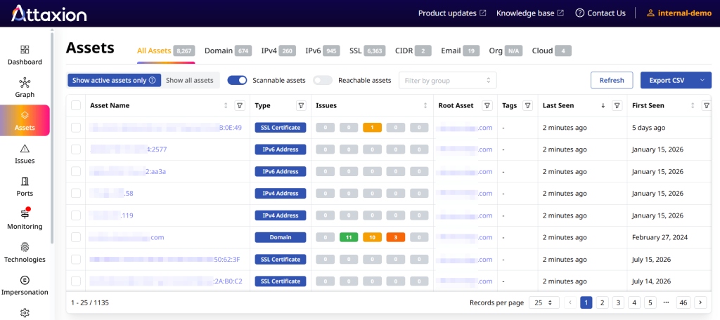 Attaxion asset catalog dashboard showing different types of assets detected by Attaxion