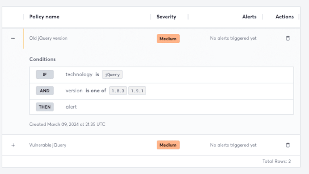 Example of Custom Policy for vulnerable jQuery versions set up in Detectify