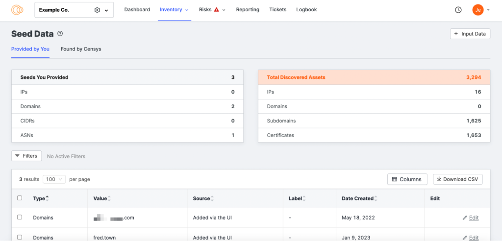 Seed and asset data in Censys ASM