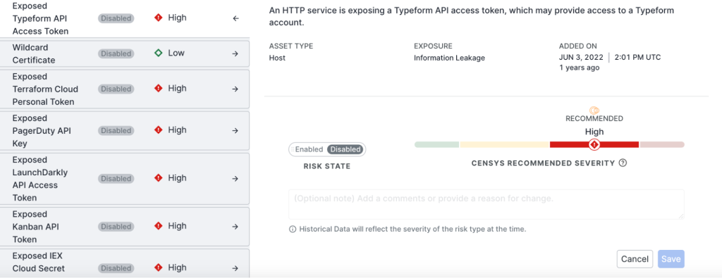 Censys ASM screenshot with recommended risk severity