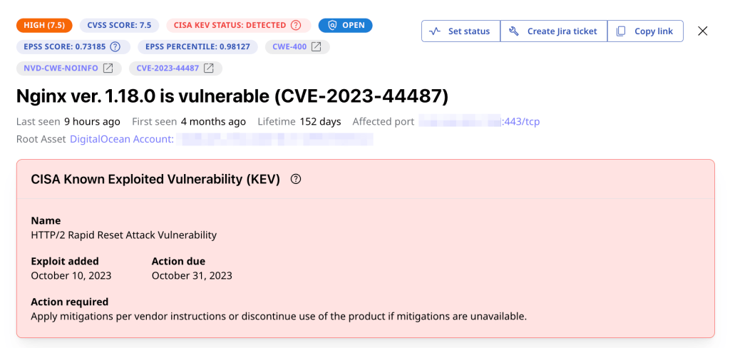 Attaxion EASM displays both CVSS and EPSS scores, as well as CISA KEV information if a vulnerability is known to be exploited in the wild