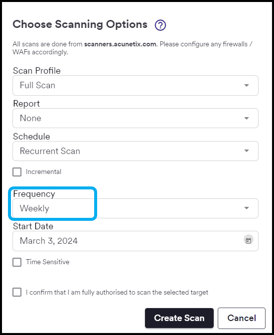 Scheduling a regular scan with Acunetix.