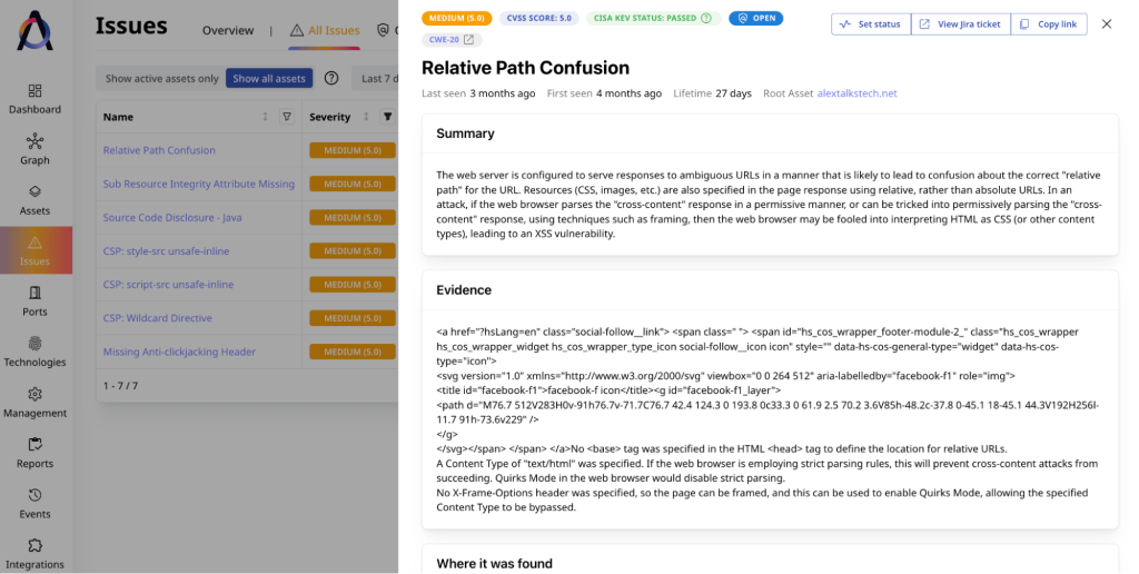 Attaxion offers detailed remediation suggestions and additional prioritization tools such as CISA KEV data