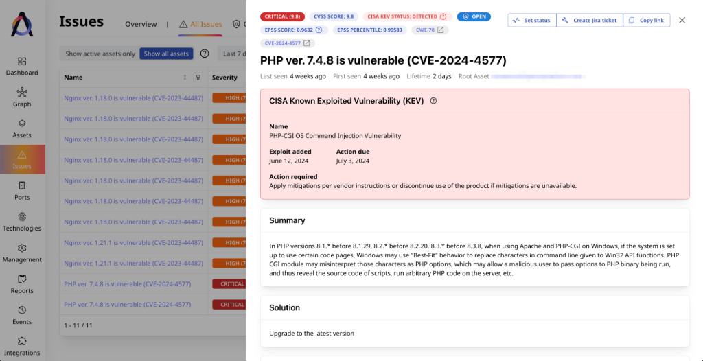 Attaxion shows detailed CISA KEV information for every CVE