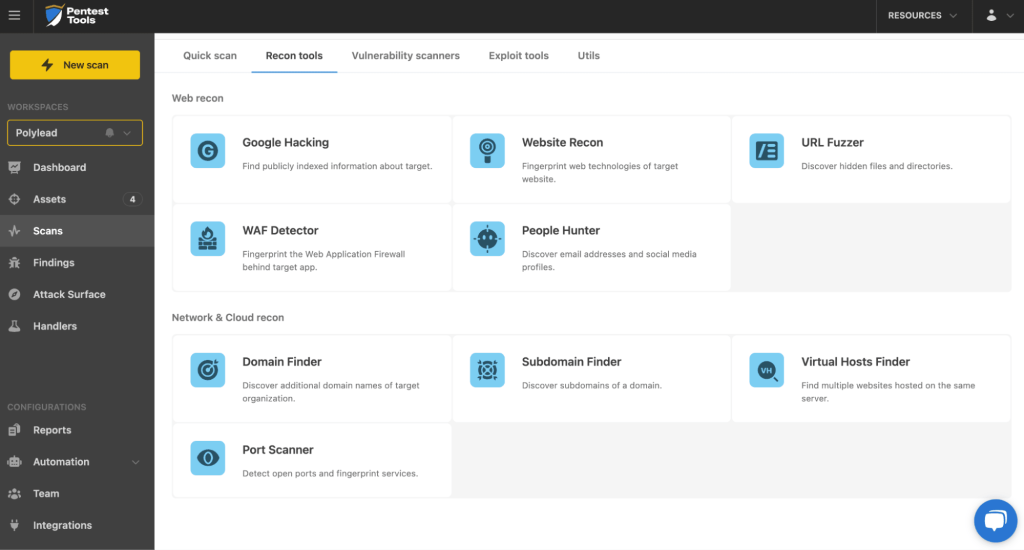 Pentest Tools reconnaissance tools list