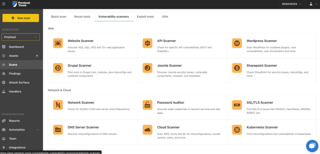 Pentest Tools vulnerability scanners list