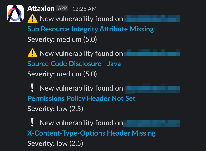 Example: Attaxion EASM sends notifications to Slack about new issues discovered in the organization’s external attack surface.