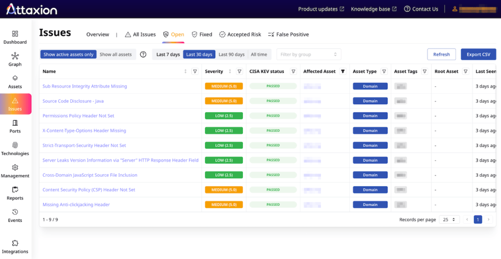 Attaxion lists all issues that can be filtered by asset group, type, severity, and more