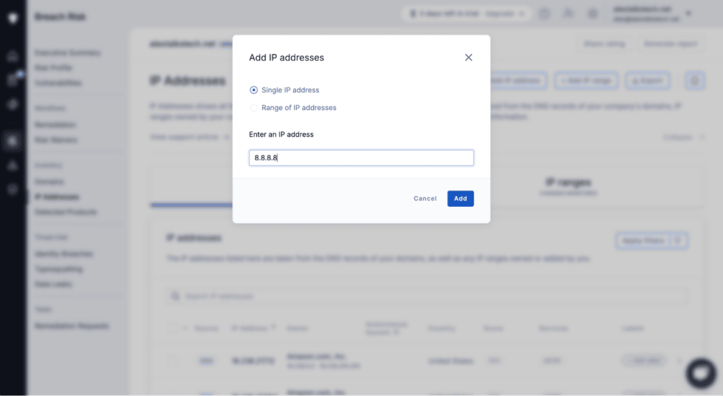 Adding an IP address to Upguard Breach Risk