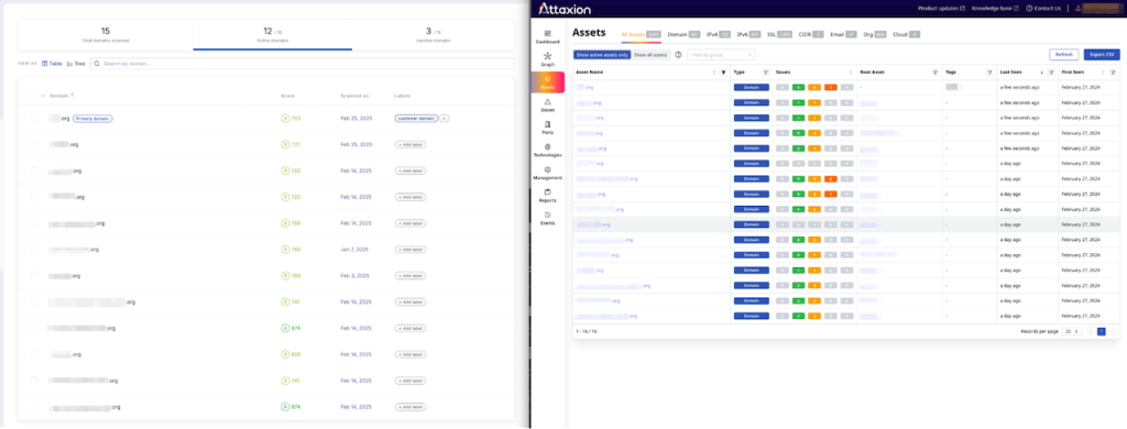 Lists of subdomain discovered by Upguard and Attaxion for the same root domain side by side. Unfortunately, we had to blur everything because it’s private infrastructure.