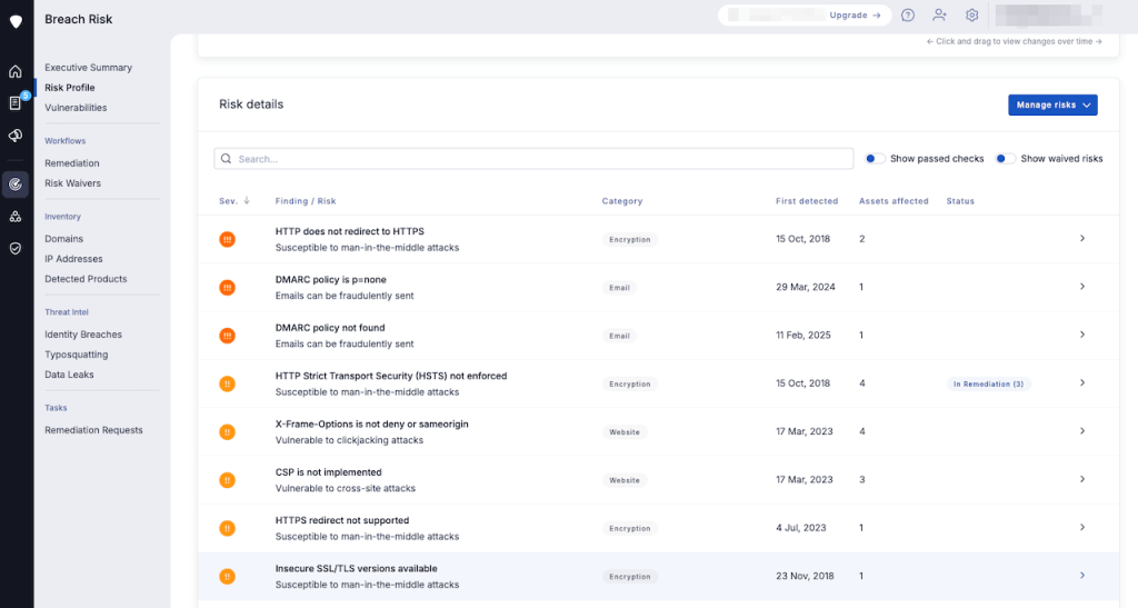 UpGuard Risk Profile lists all issues that are not CVE vulnerabilities