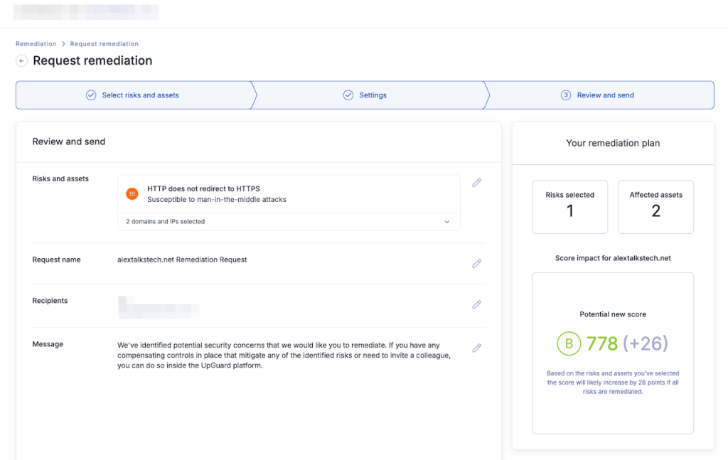Creating a remediation request with UpGuard