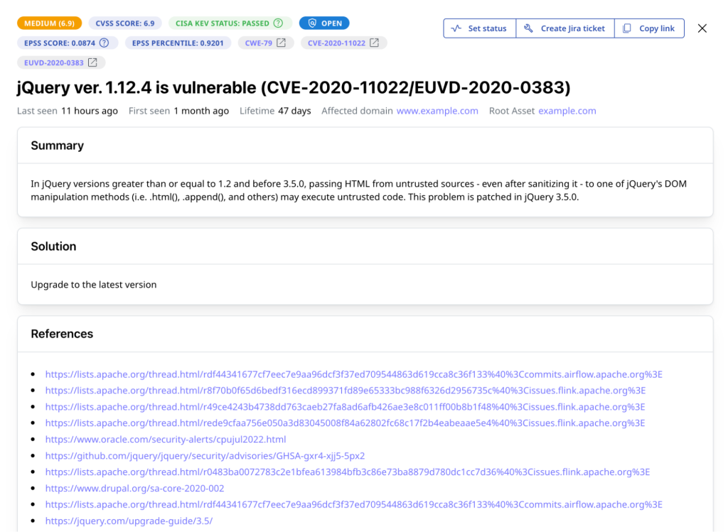 Figure 1 - EUVD ID appearing in Attaxion in both the vulnerability name and as a tag at the top of a dedicated issue report.