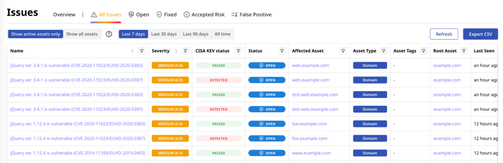 Figure 2 - Attaxion shows EUVD IDs in vulnerability lists (left column), alongside CVSS and CISA KEV data.