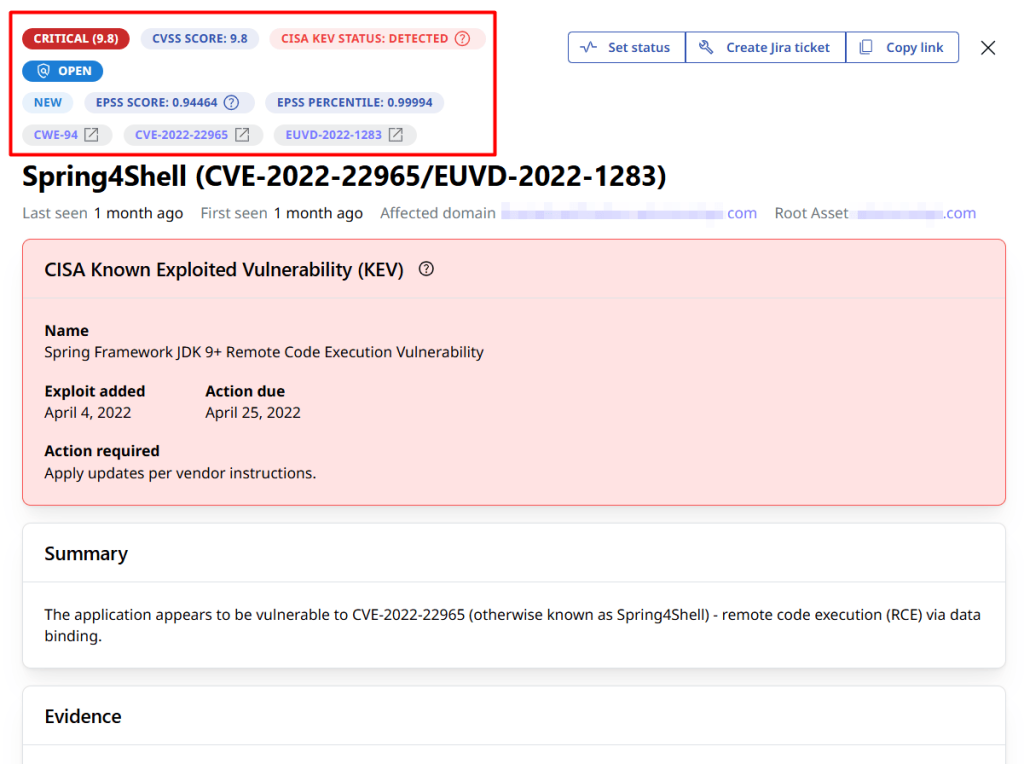 Attaxion showing CVSS, EPSS, and CISA KEV data for a vulnerability