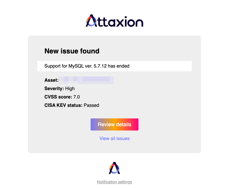 Attaxion email notifications about vulnerabilities