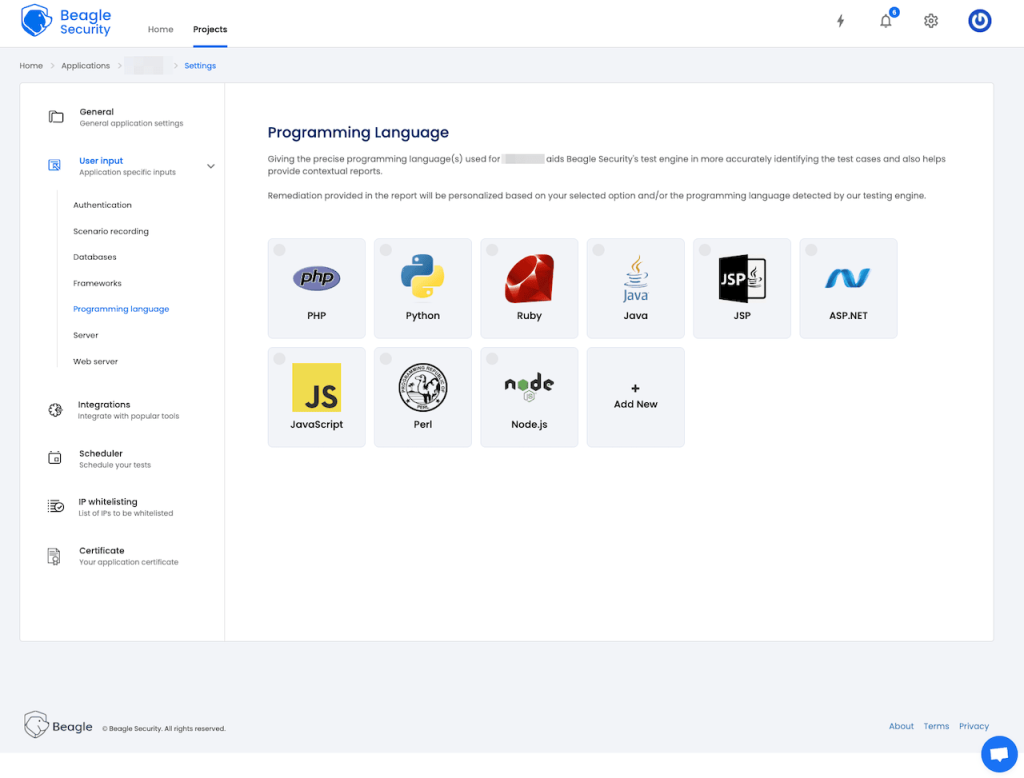 Beagle Security prompts the user to provide information about technologies used to build each app