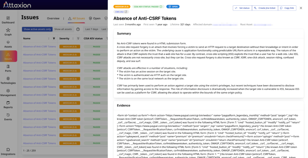 Screenshot from Attaxion highlighting a CSRF vulnerability in a web app
