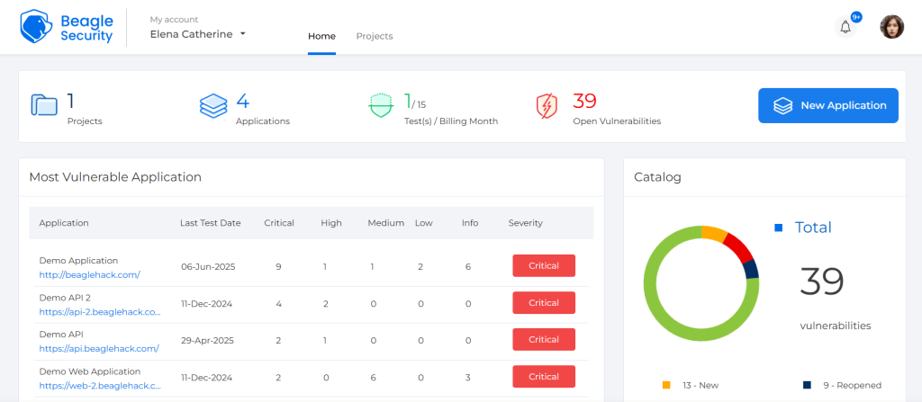 Beagle Security Dashboard. Source: https://demo.beaglesecurity.com/dashboard/
