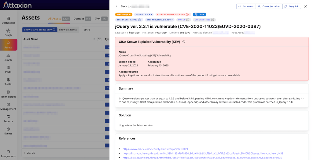 Even vulnerabilities with medium severity can be exploited in the wild. Attaxion helps prioritize them, showing EPSS scores and CISA KEV data.