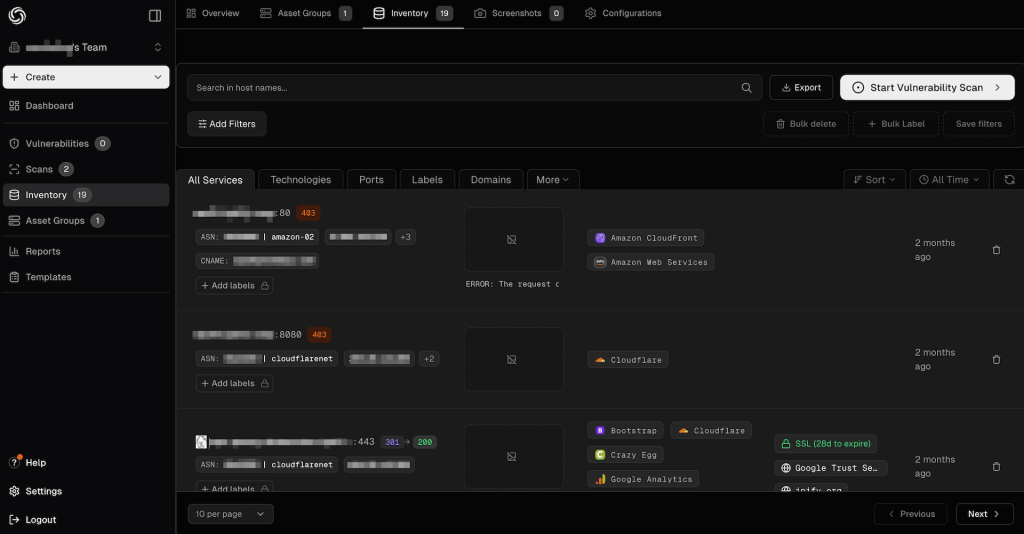 ProjectDiscovery Cloud provides an asset inventory with a lot of details for every asset.