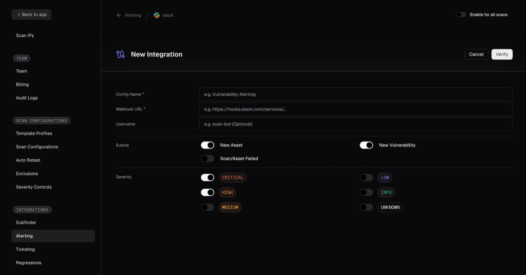 ProjectDiscovery can send notifications triggered by events such as finding a vulnerability of a certain severity or a new asset.