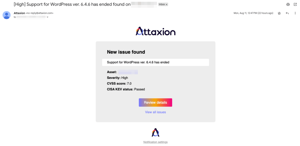 Attaxion can send vulnerability notifications starting from specified severity