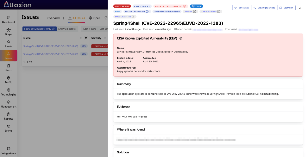 Attaxion supplies each detected CVE with its EPSS score and CISA KEV data