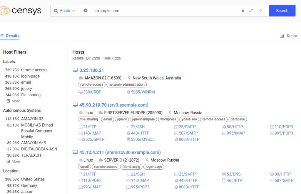 Censys Search screenshot