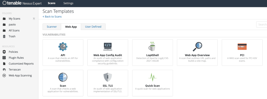 Tenable Nessus web app scan templates screenshot
