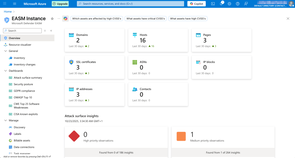 A dashboard in Defender EASM showing what the attack surface consists of