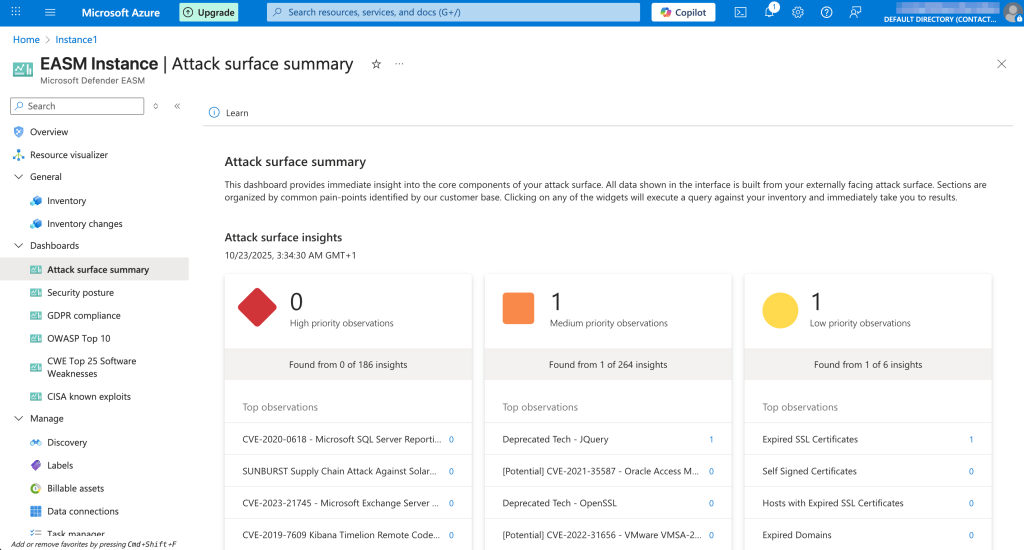 Defender EASM doesn’t have a tab with the list of issues, instead, it presents its findings in the dashboard format