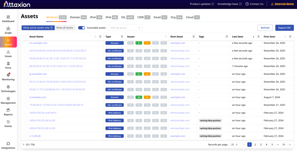 Asset list view in Attaxion
