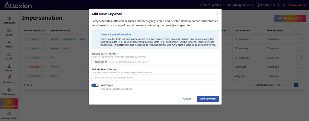 Attaxion impersonation monitoring (settings)