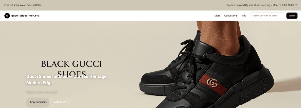 Screenshot of a fake Gucci website impersonating the brand