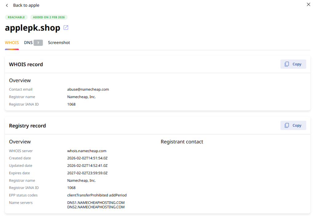 WHOIS details of a domain impersonating Apple as seen in Attaxion's Impersonation tab