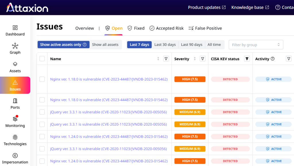Example: Attaxion Issues Catalog showing vulnerabilities found in the CISA KEV catalog.