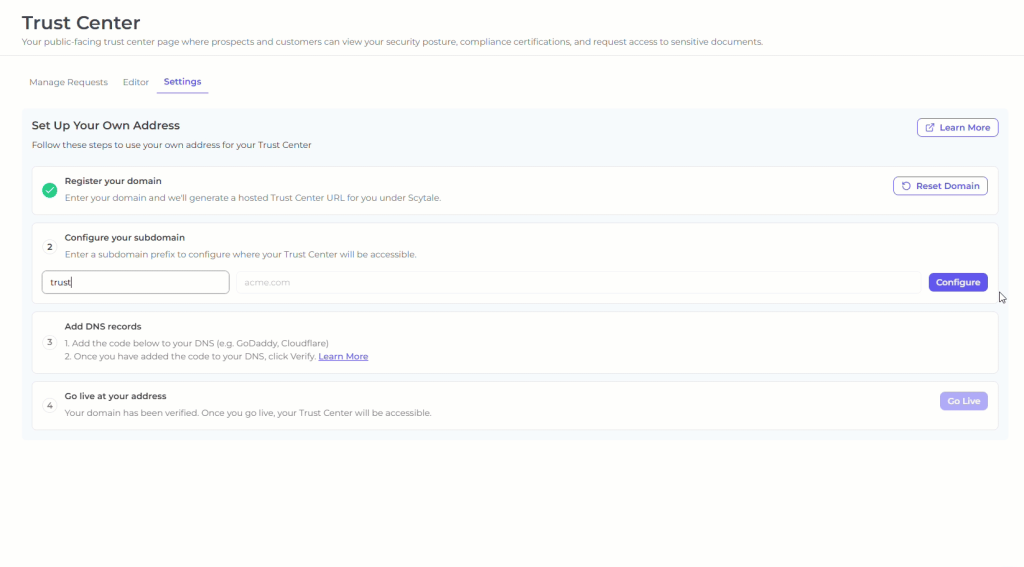 Scytale Trust Center settings page for configuring a custom domain and subdomain