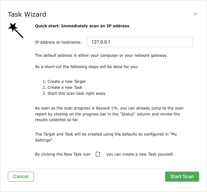 OpenVAS Task Wizard quick start screen for scanning an IP address in Greenbone