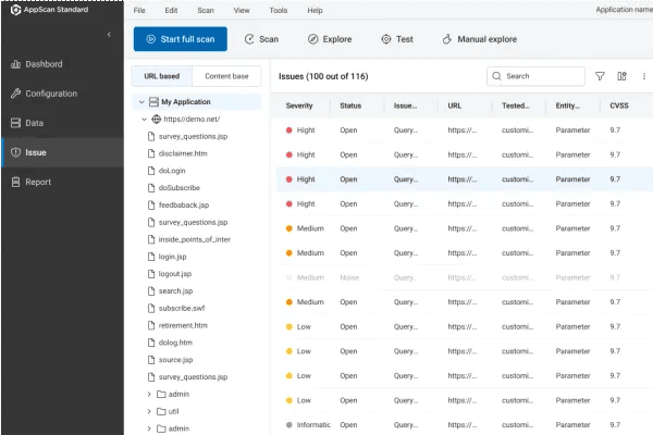 HCL AppScan Standard issues list with severity, status, URL, and CVSS scores