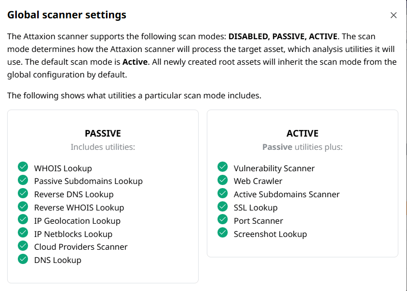 Attaxion global scanner settings comparing passive and active scan mode utilities