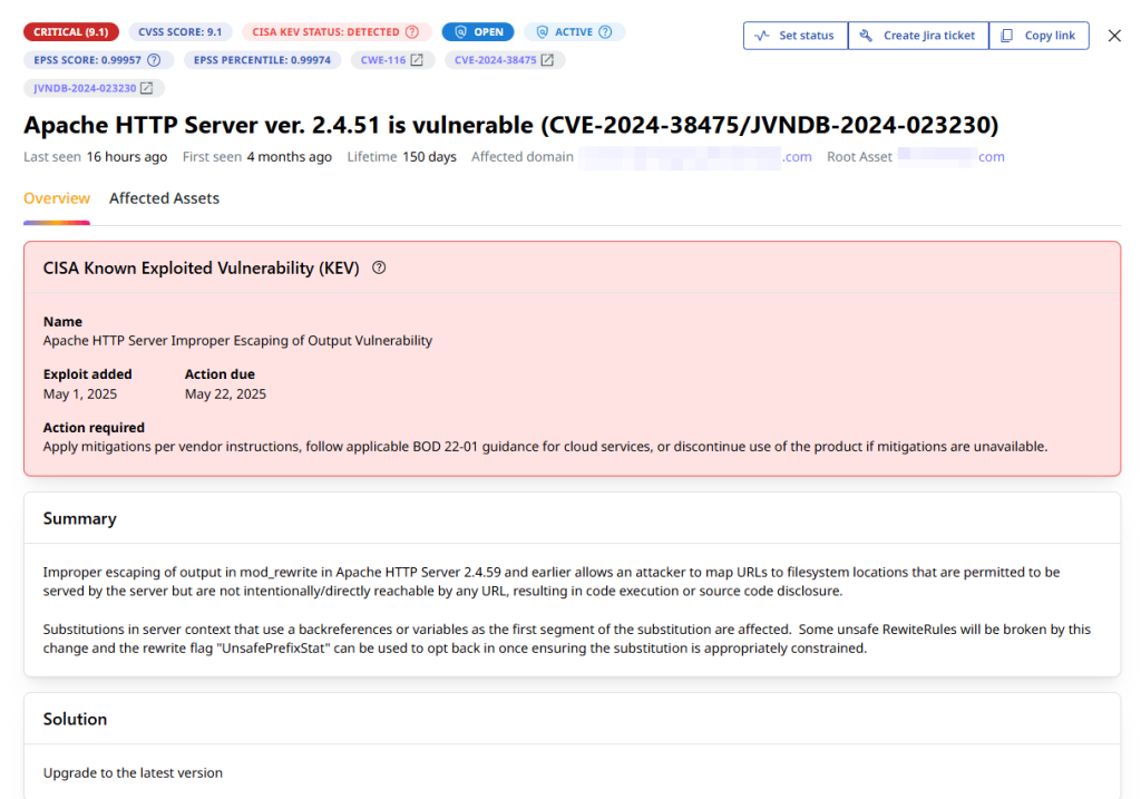 Attaxion vulnerability details for a CVE with CVSS score, EPSS score, and CISA KEV status