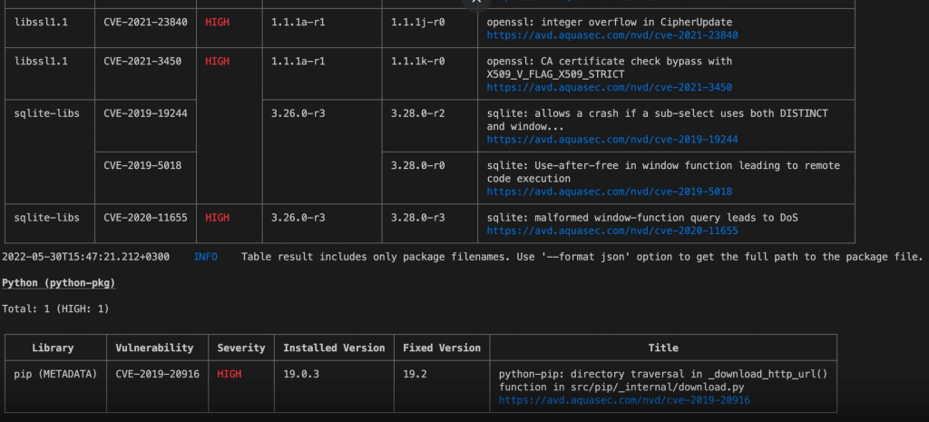Trivy vulnerability report table listing CVEs, severity, and installed and fixed package versions