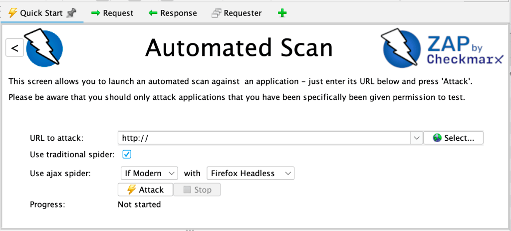 ZAP by Checkmarx Automated Scan screen with URL to attack and spider options
