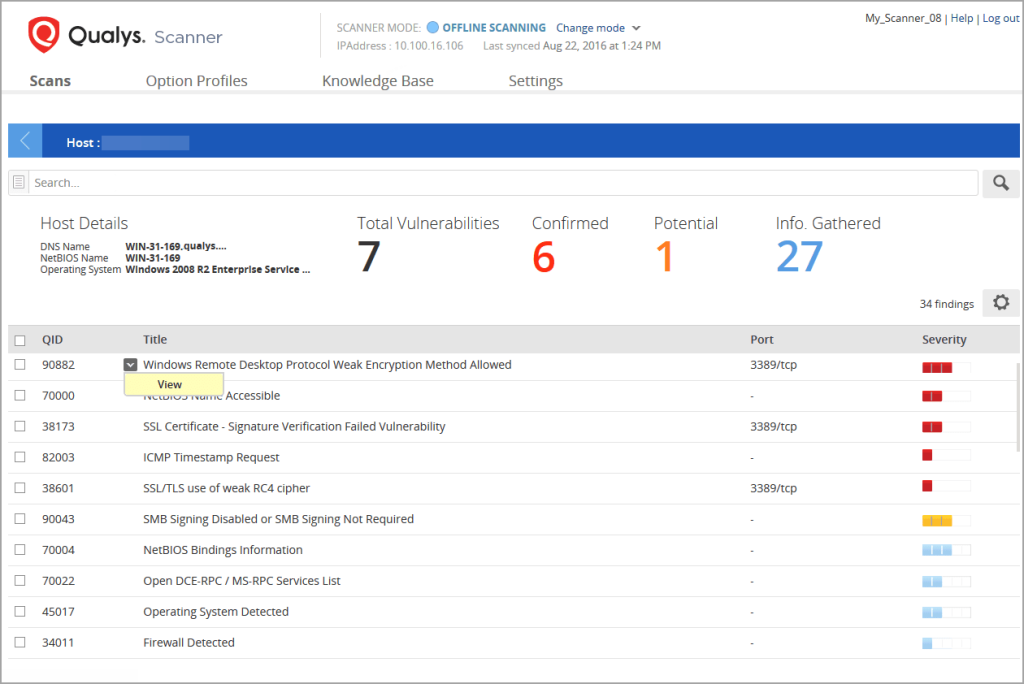 Qualys Scanner host details with total, confirmed, and potential vulnerabilities by severity