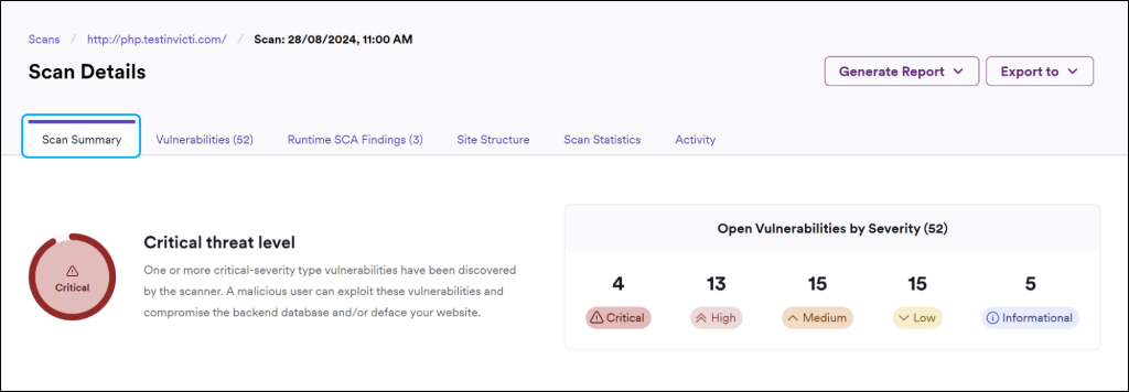 Invicti Web + API (aka Acunetix) scan details showing critical threat level and open vulnerabilities by severity